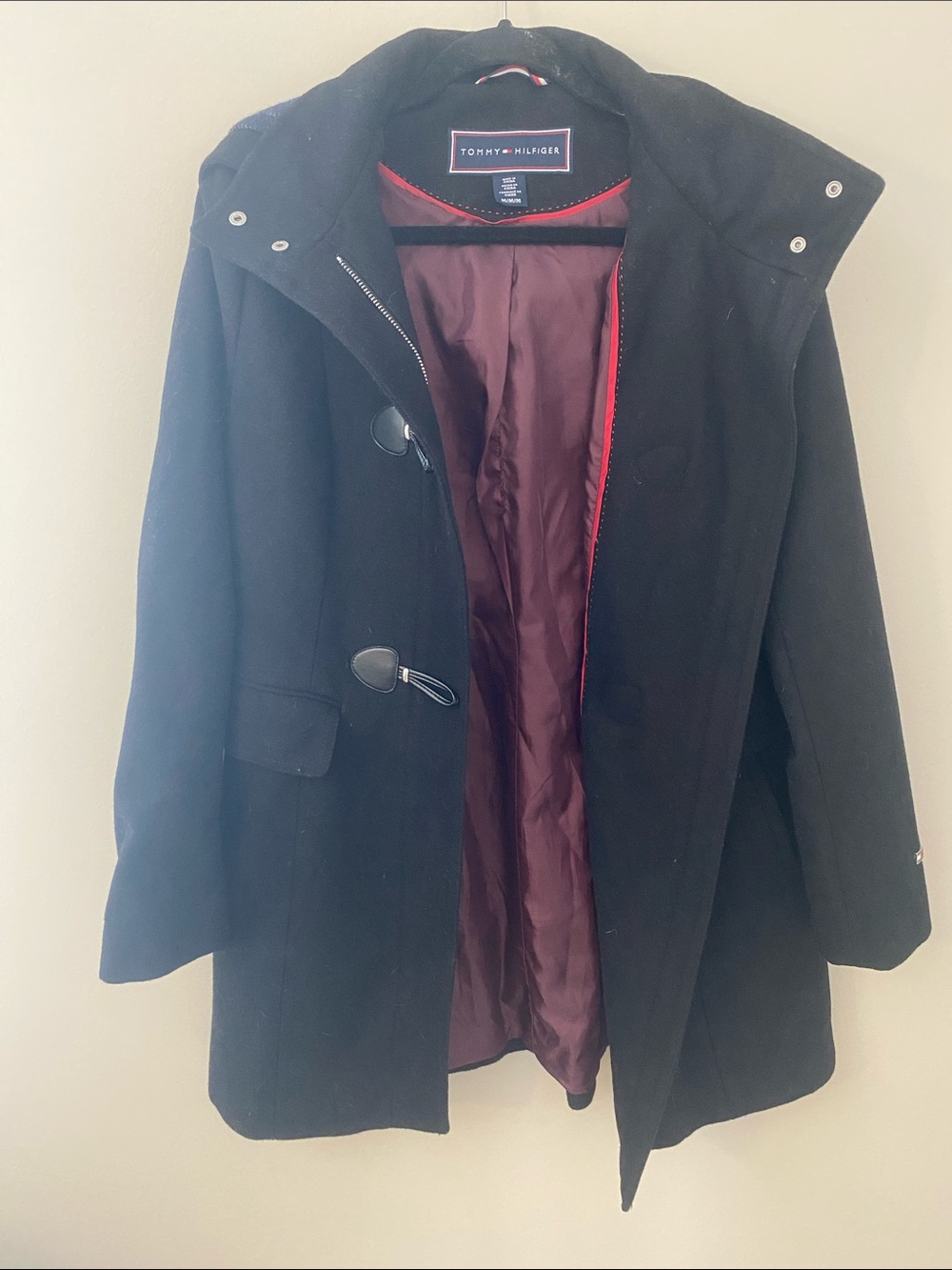 Tommy Hilfiger Black Wool Toggle Hooded Pea Coat with Burgundy Lining